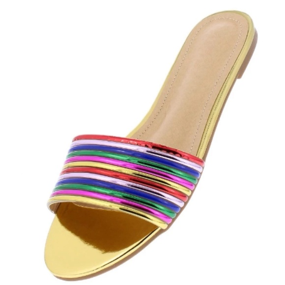 🌈Colorful Gold Rainbow Pride Slide Flats ~ no box - Picture 2 of 7